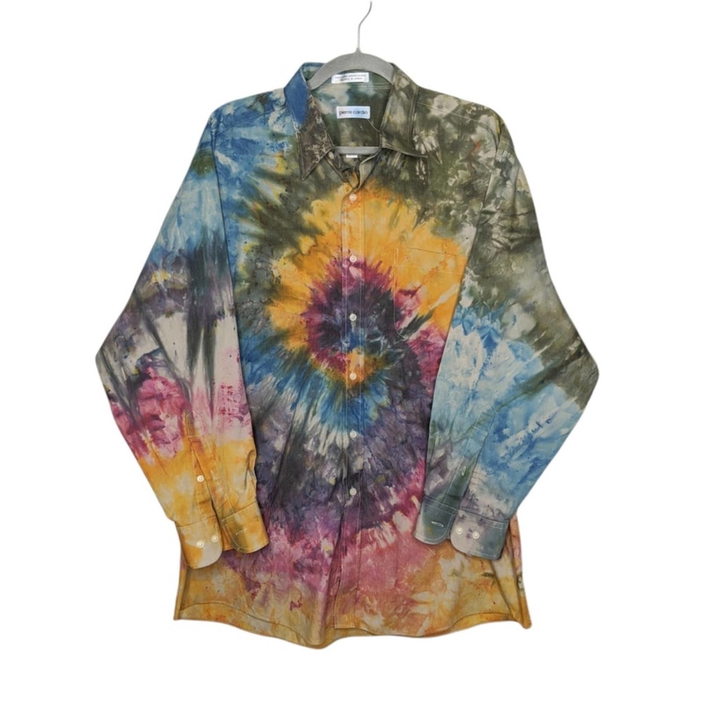 Vintage Pierre Cardin Custom Ice Tie Dye Button Shirt Top Dress Art VTG